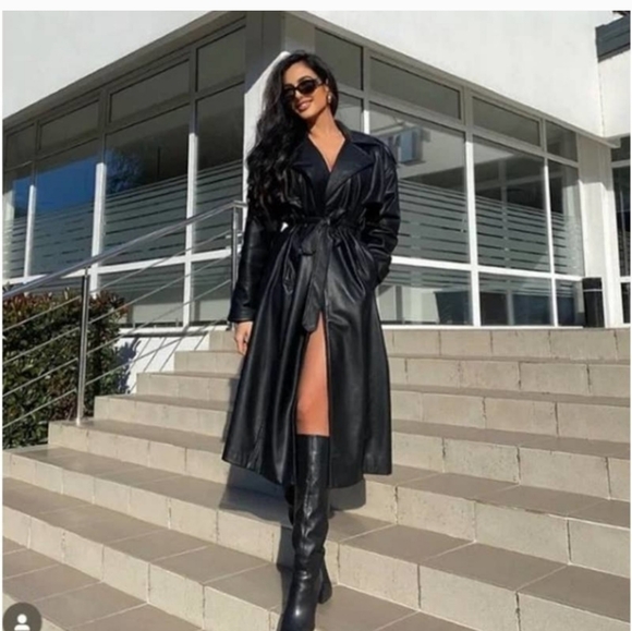 Zara Double Breasted Black Faux Leather Trench Coat Blazer